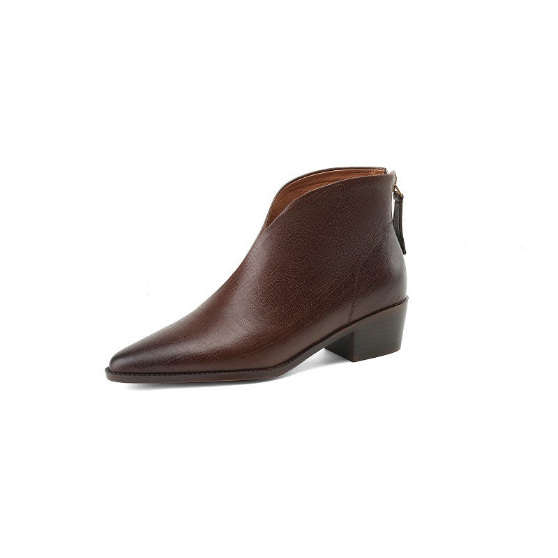 Pointed-Toe Retro Cowhide Ankle Boots