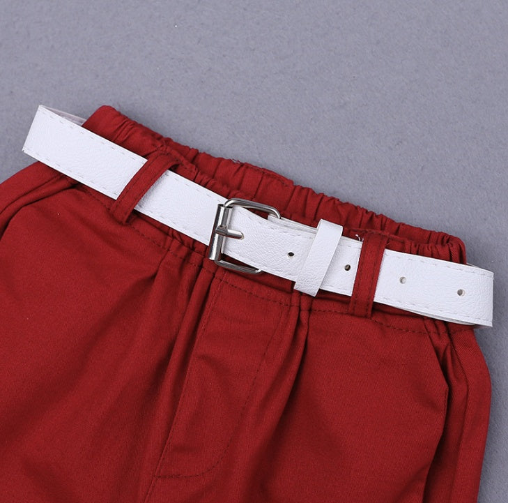 Flower Short Sleeve Button Down Shirt With Red Shorts 2pcs