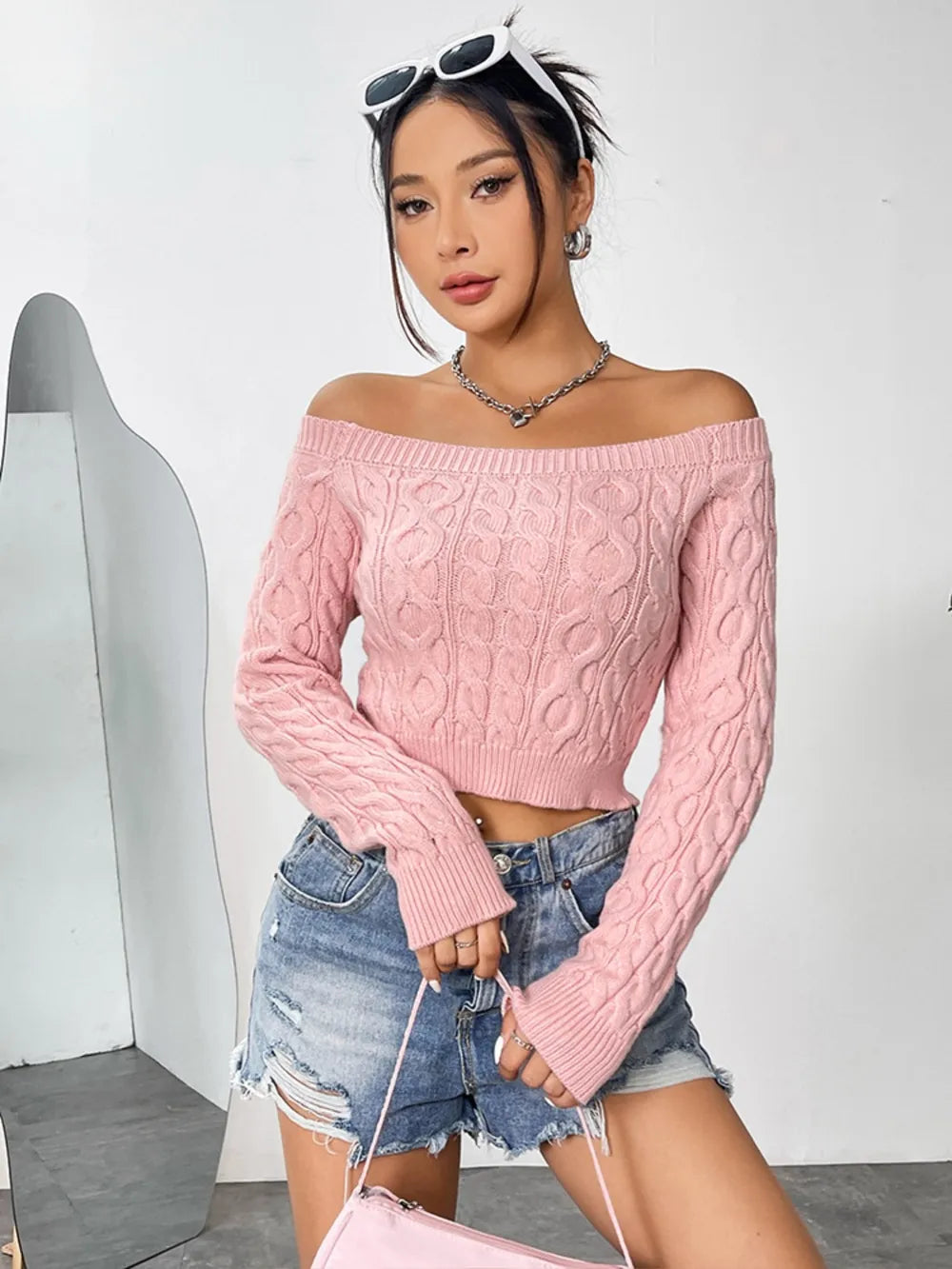 Cable-Knit Off-Shoulder Long Sleeve Knit Sweater