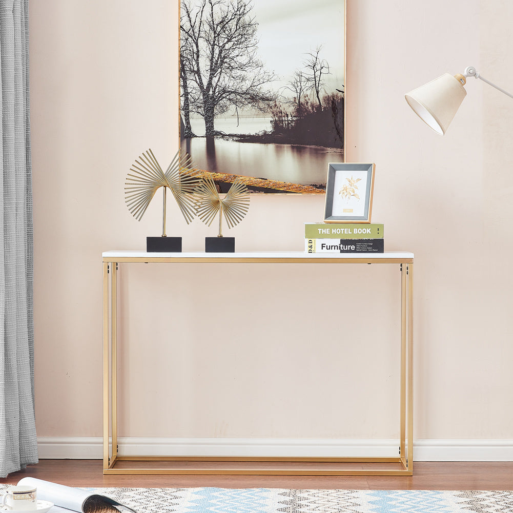 White Rectangular Marble Accent Table with Gold Legs