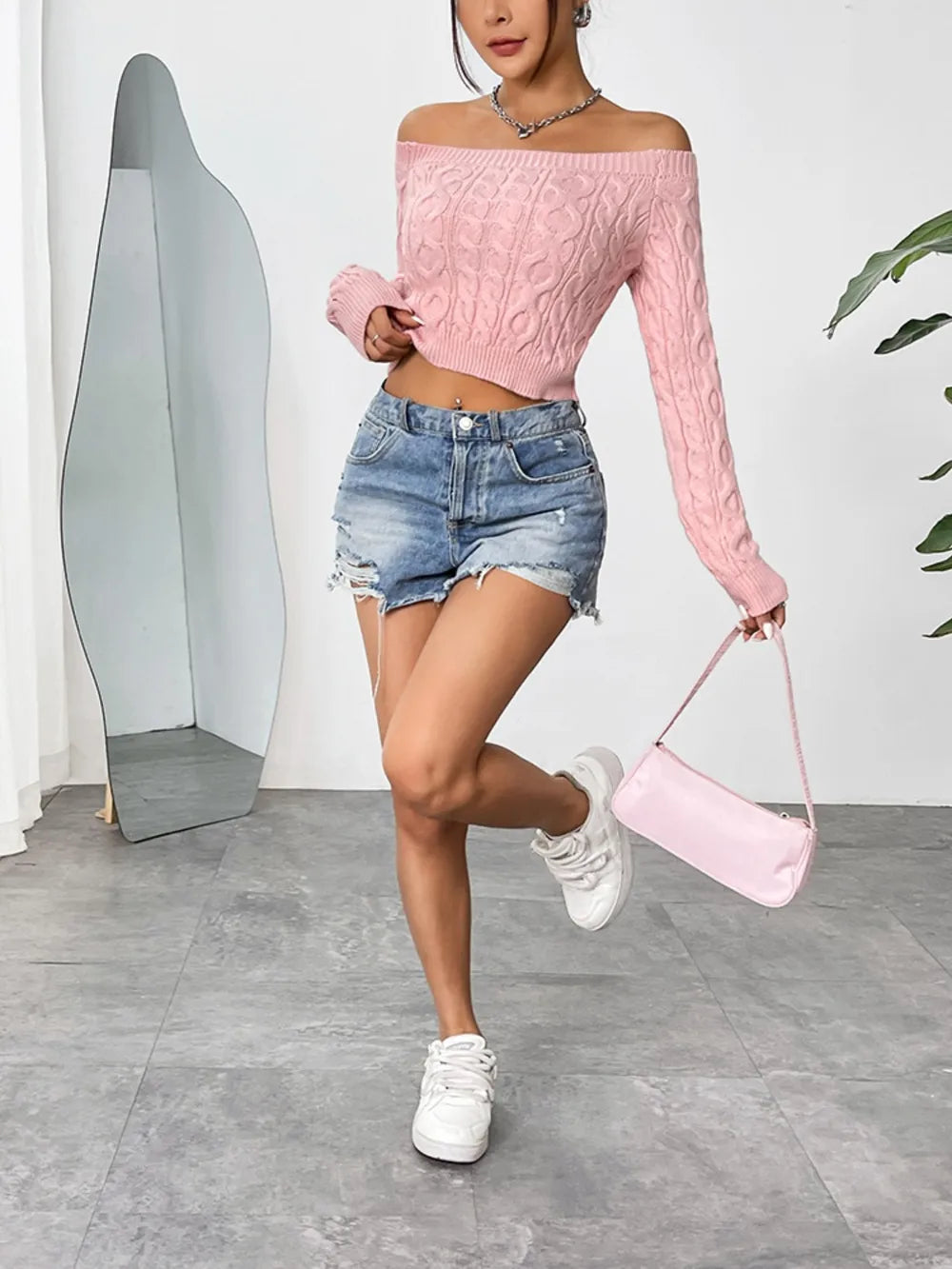 Cable-Knit Off-Shoulder Long Sleeve Knit Sweater