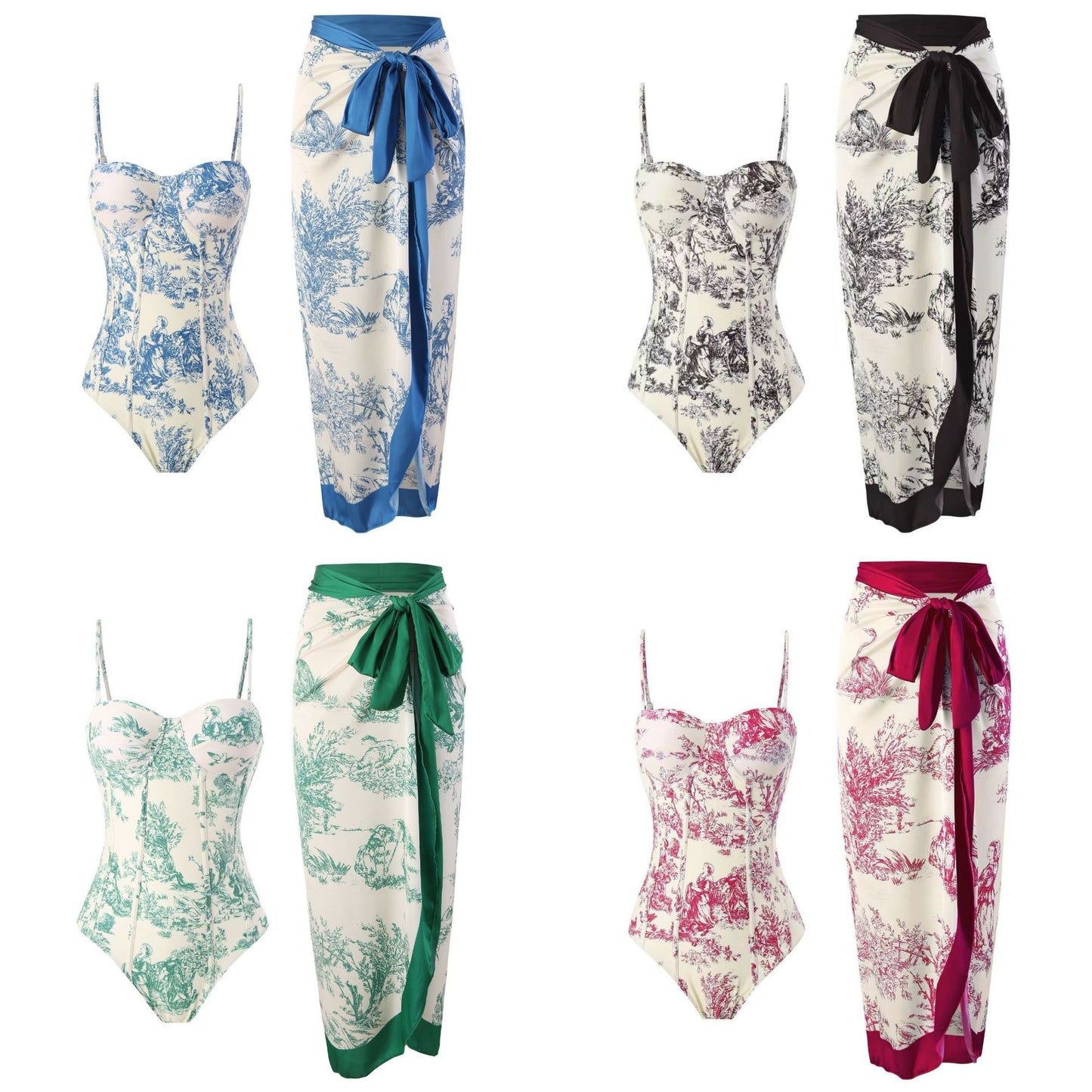 Floral One-Piece Spaghetti Strap Swimsuit Set