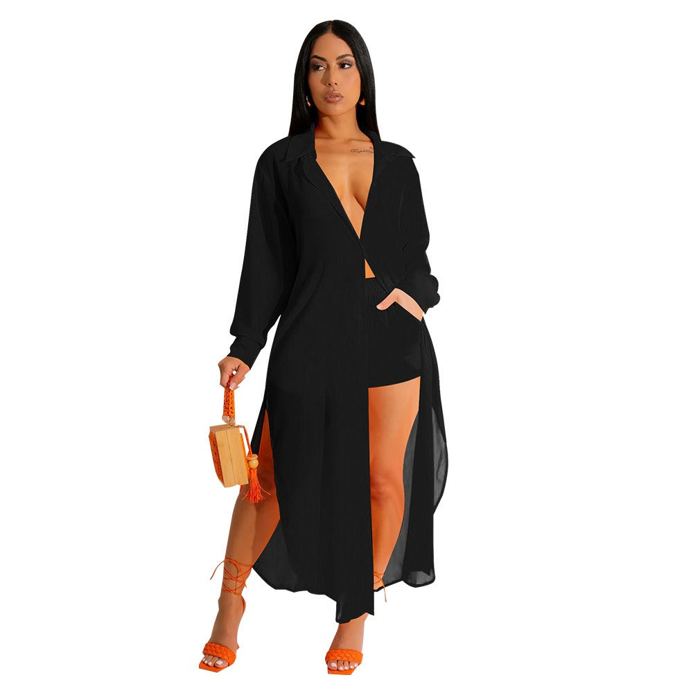 Chiffon Long Shirt Shorts Two Piece Set