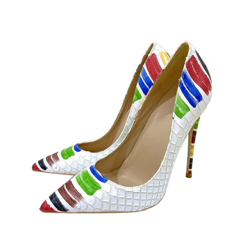 White Snakeskin Graffiti Pointed Toe Stiletto High Heels