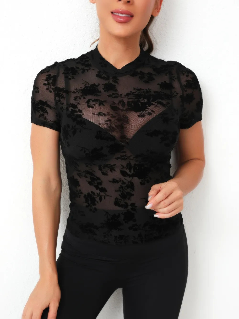 Mock Neck Short Sleeve Lace Blouse