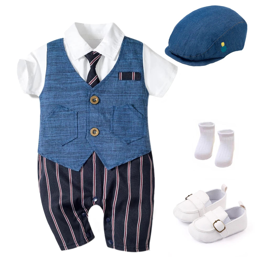 Summer Baby Romper Suit Formal Clothing Children Hat + Jumpsuit + Shoes + Socks 4 Piece Outfit
