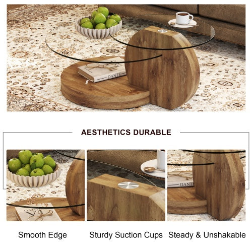 Double-layer Round Glass Coffee Table with Wood MDF Table Legs