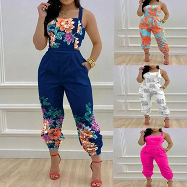 Open Back Cross Lace Up Bow Print Jumpsuit