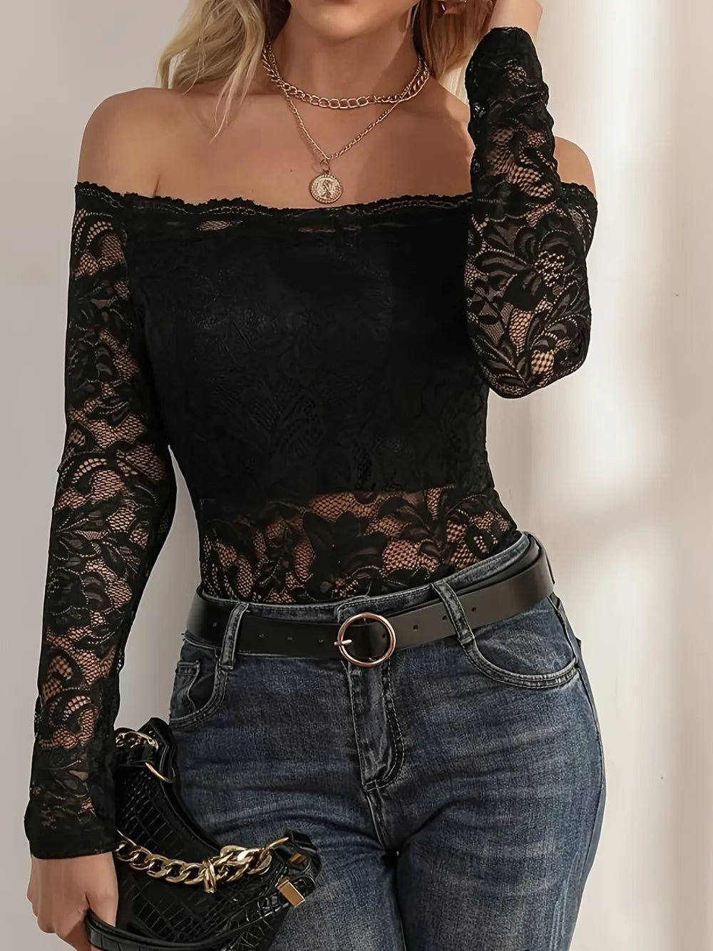 Off Shoulder Lace Slim Fit Slimming Blouse
