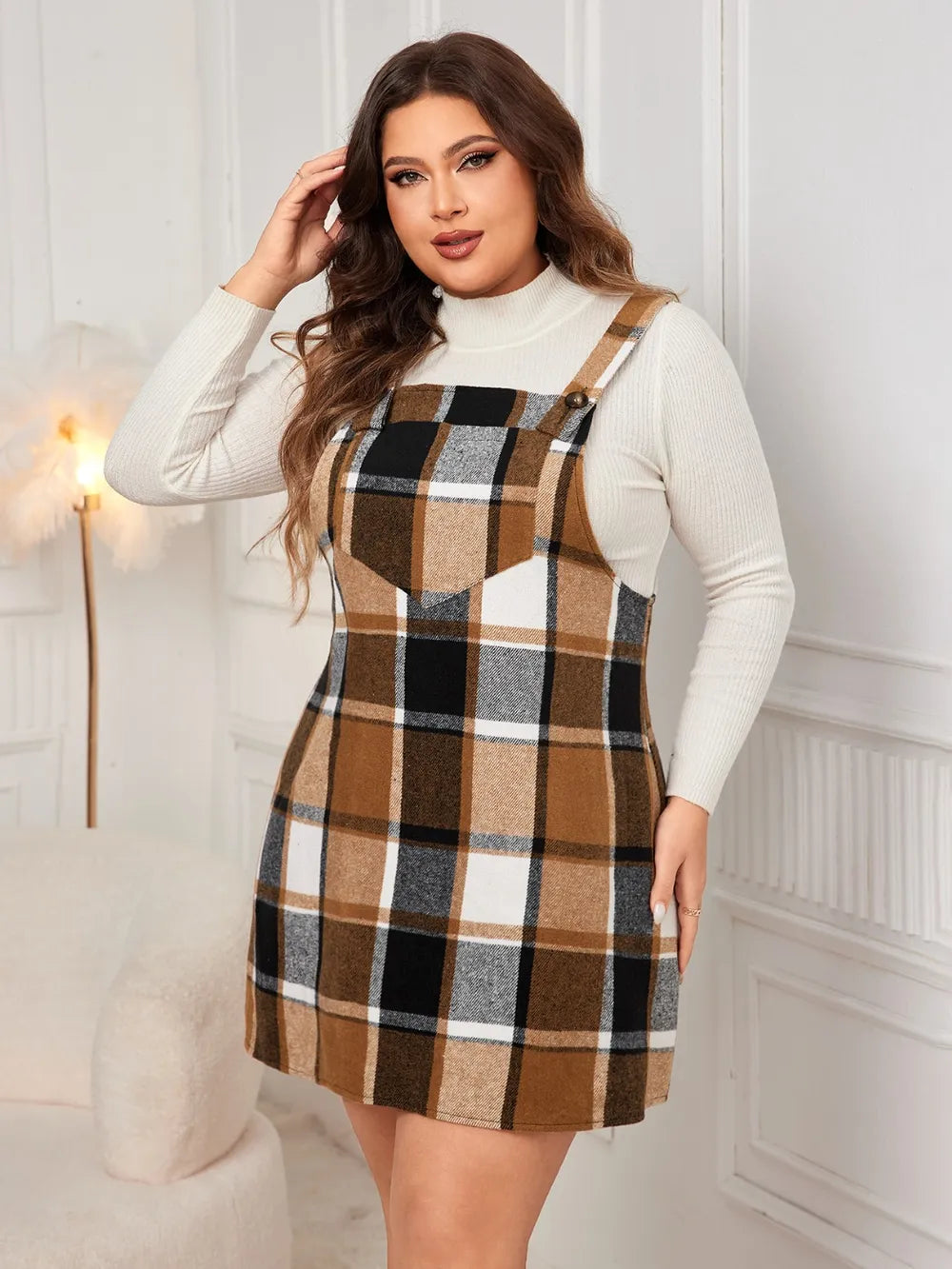 Plaid Wide Strap Overall Dress - Plus Size