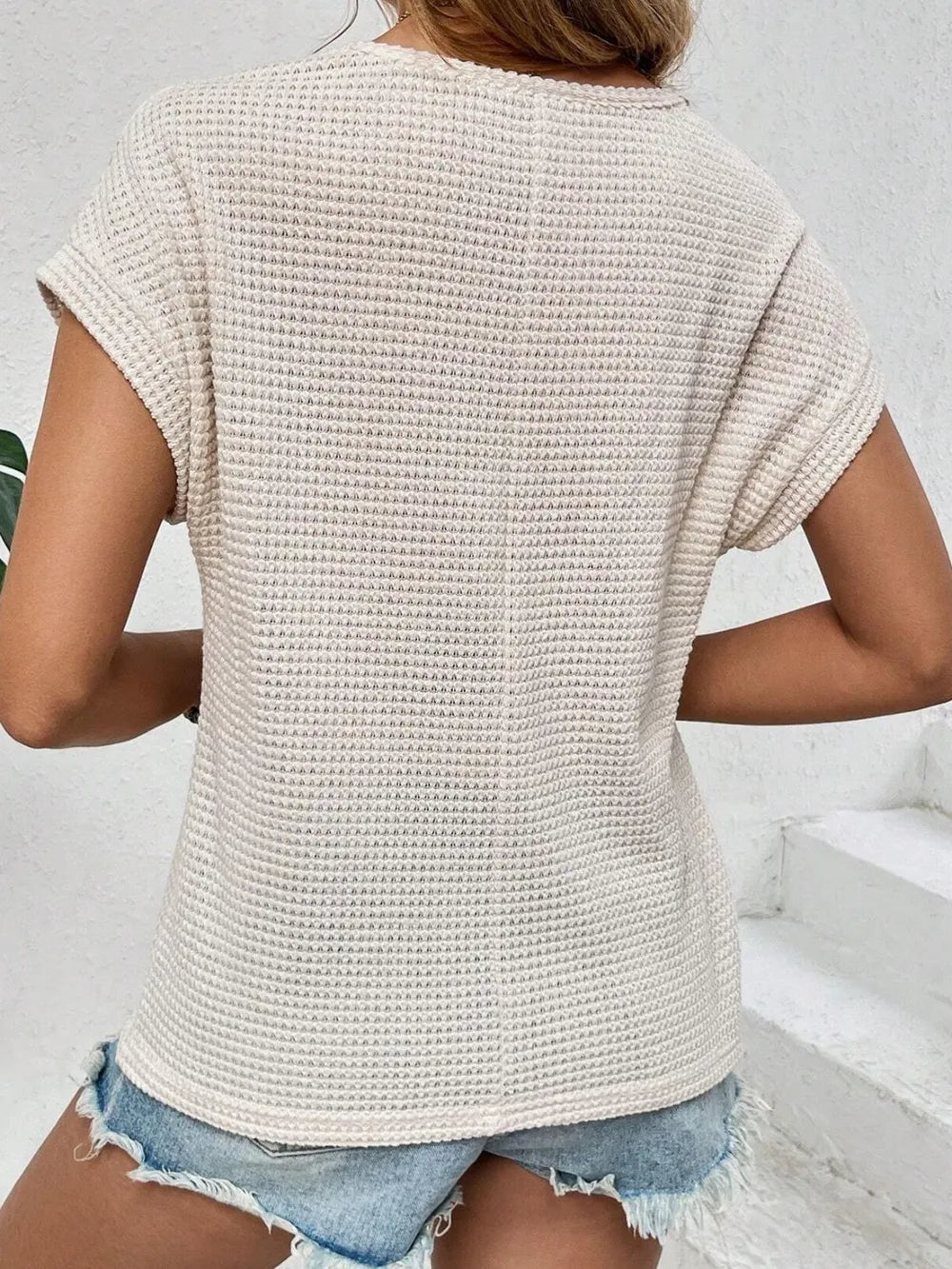 Waffle-Knit Round Neck Short Sleeve Shirt