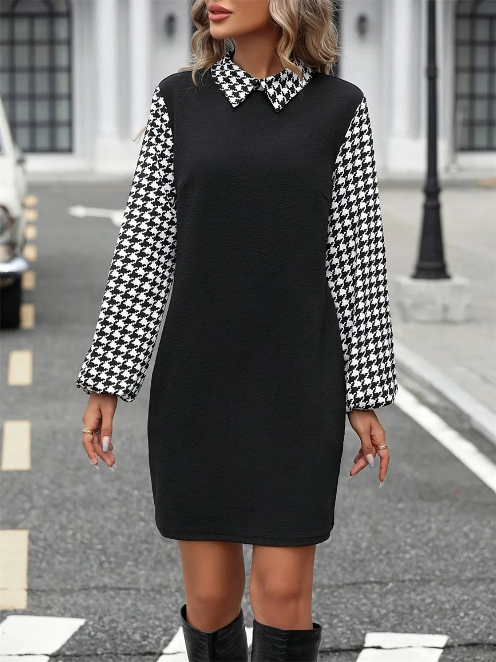 Splicing Collared Long Sleeve Dress