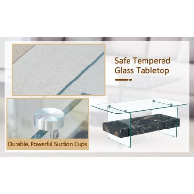 Two-Tier Coffee Table - Clear Tempered Glass And Black Marble Texture