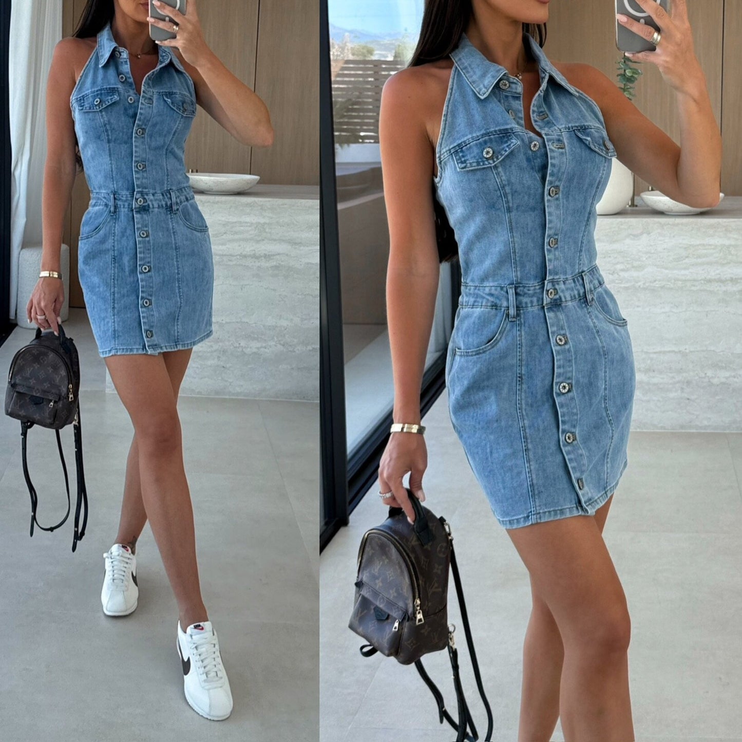 Front Button Sleeveless Denim Dress