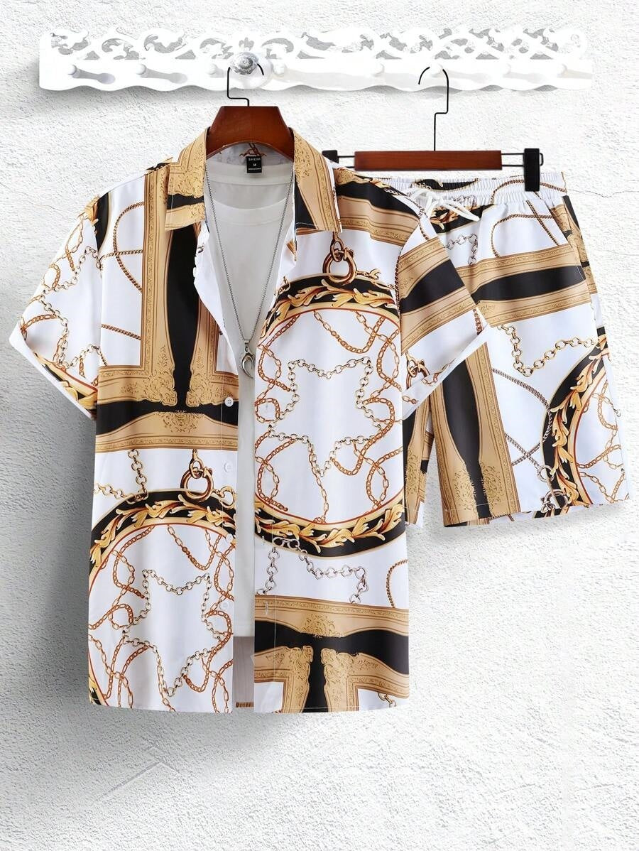 Gold Luxury Chain Digital Print Shirt Shorts Set