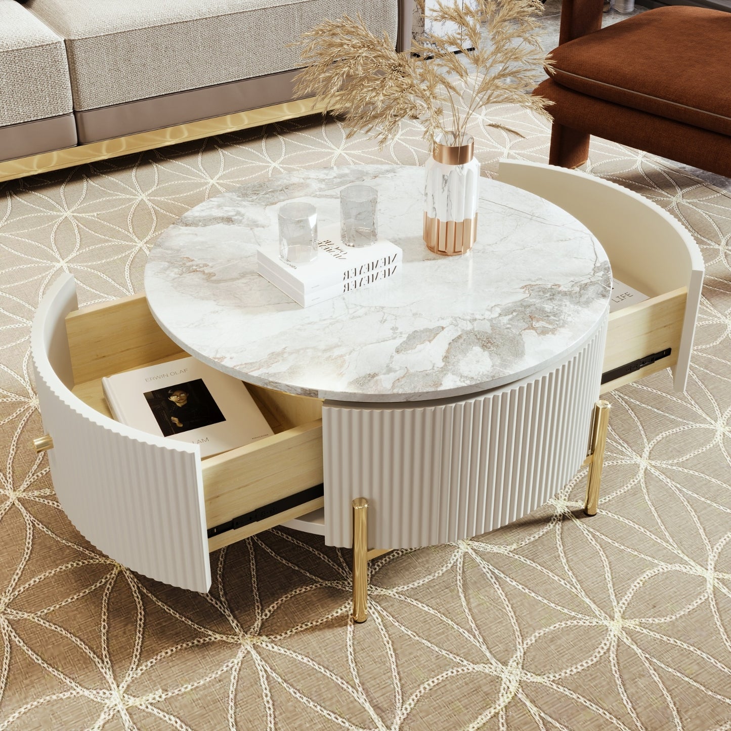 Round Coffee Table with 2 Large Storage Drawers