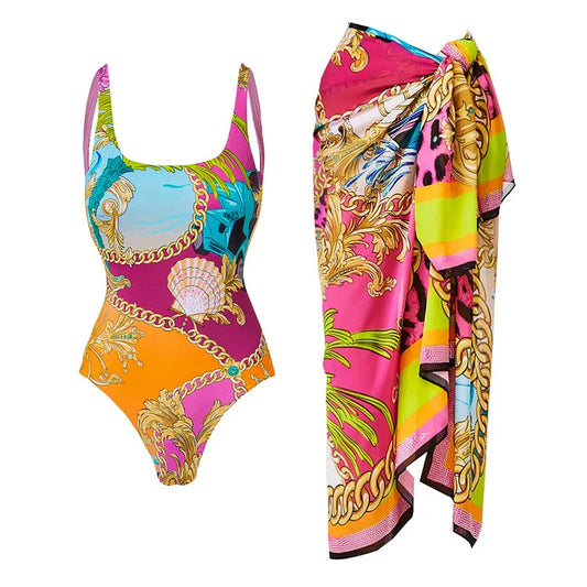 Bright Print One-Piece Swimsuit Set