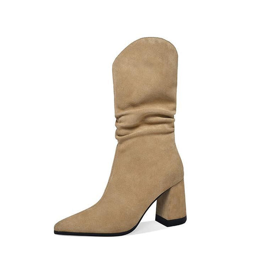 Thick Heel Pointed Toe Nubuck Leather Ankle Boots