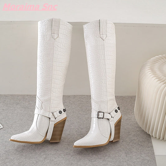 Snakeskin Pattern Knee-High Pointed Toe Wedges