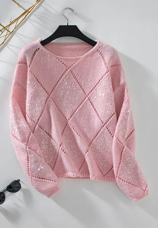 Diamond Grid Sequin Knitted Sweater