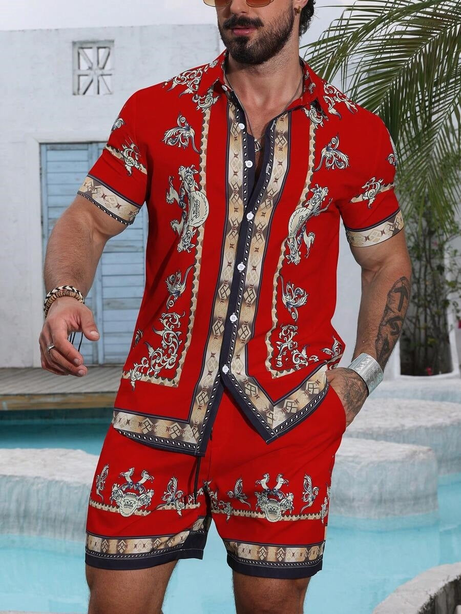 Digital Print Loose Shirt Shorts Set