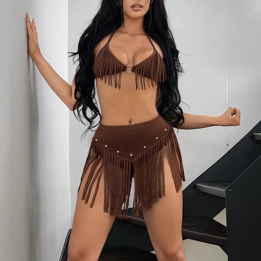 Tassel Hanging Backless Two-Piece Bathing Suit