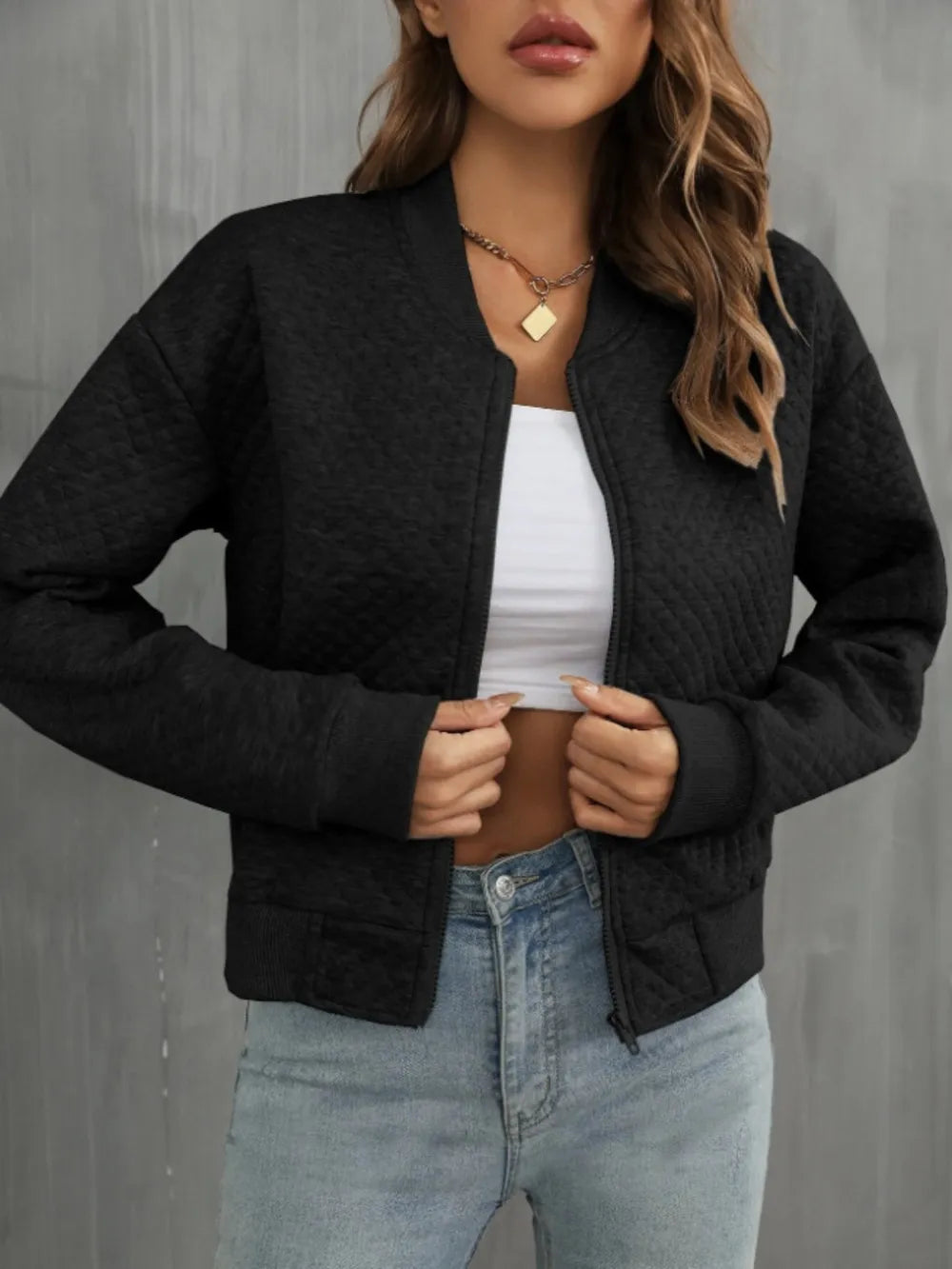 Zip Up Long Sleeve Bomber Jacket