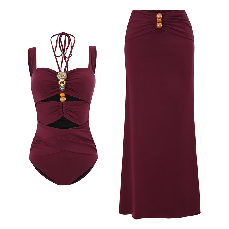 Hollow Neck Hanging Strap One-Piece Swim Dress