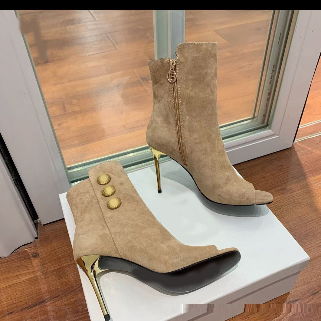 Fish Mouth Metal Round Buckle Ankle Boots