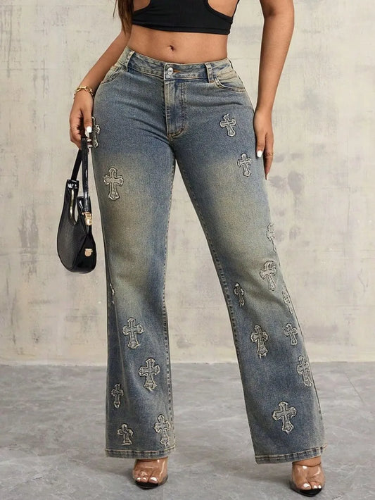 Crosses Stitch Wide Leg Jeans