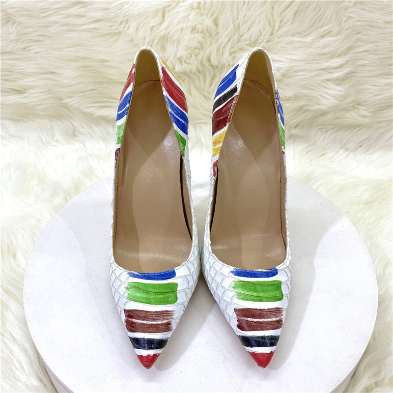 White Snakeskin Graffiti Pointed Toe Stiletto High Heels