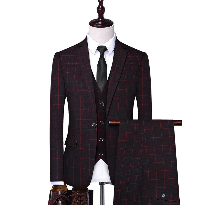Plaid Single Breast Slim Fit Three-Piece Suit