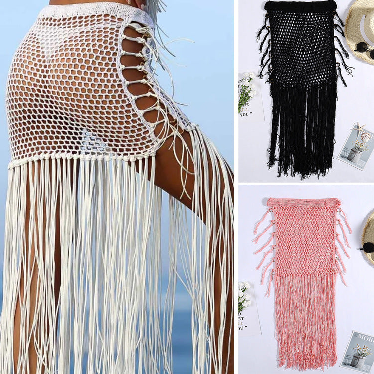 Woven Hip Skirt with Hollowed out Long Tassel Cover Up