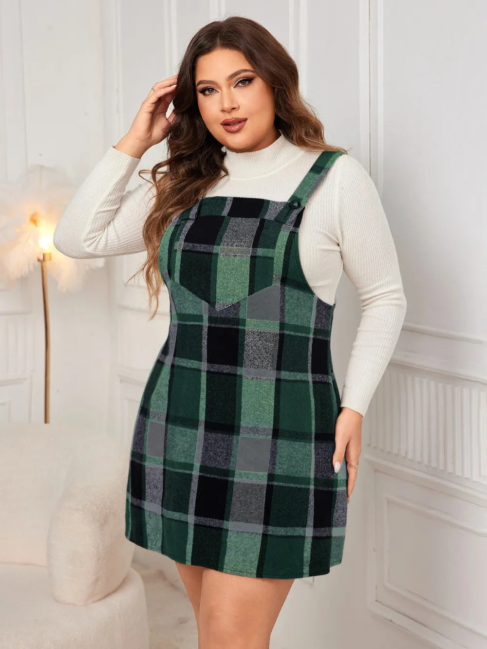 Plaid Wide Strap Overall Dress - Plus Size