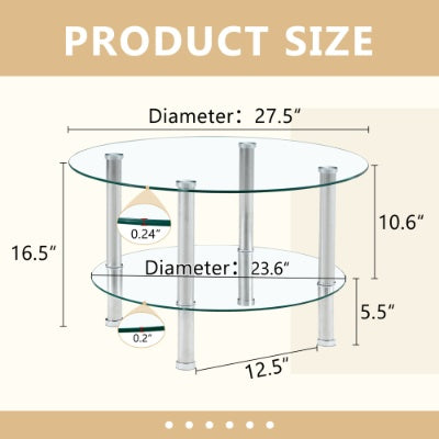 Double Layer Tempered Glass Coffee Table 27.5 Top And 23.6 Bottom with Stainless Steel Silver Plated Legs