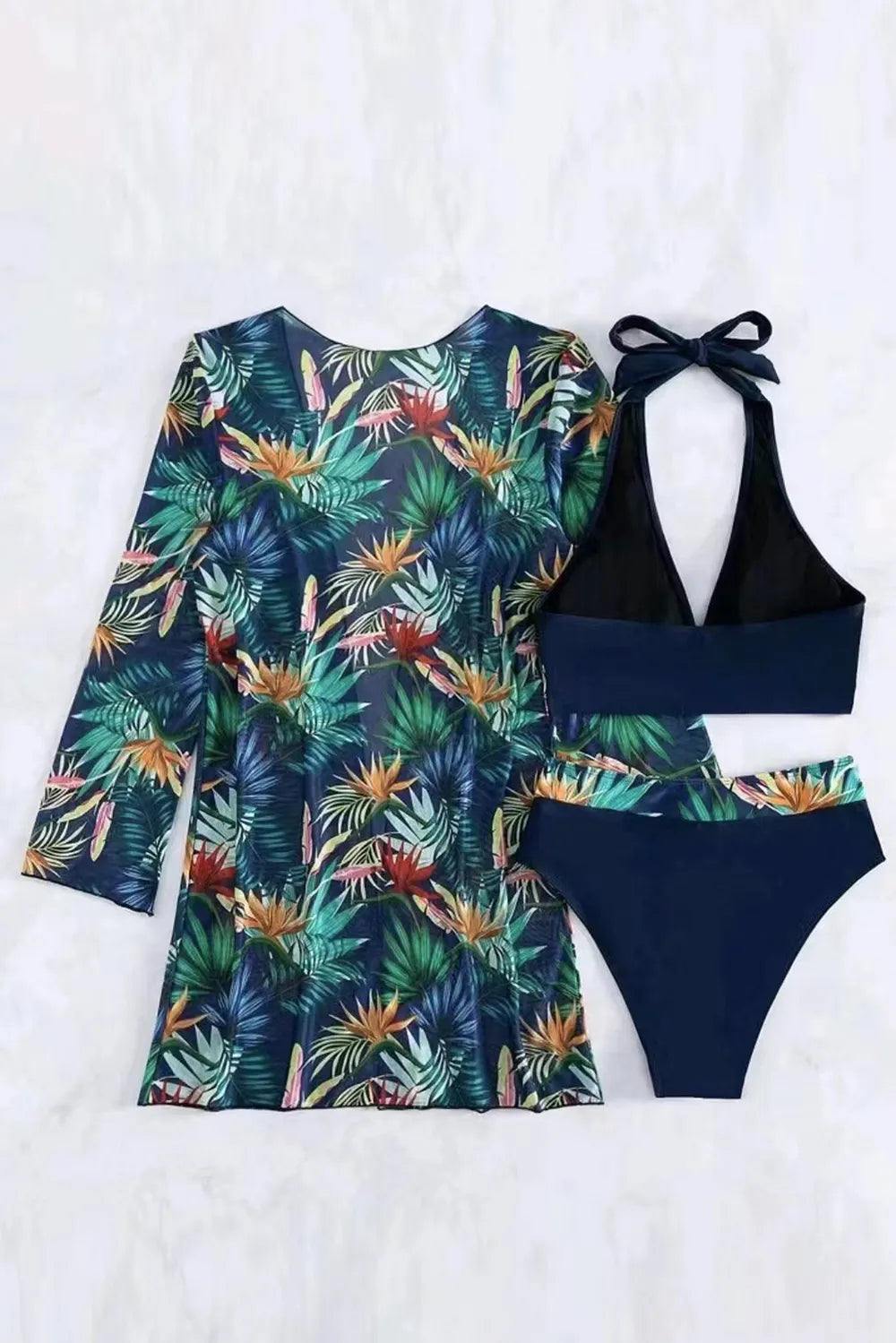 Floral Print Halter Neck Three-Piece Swimsuit