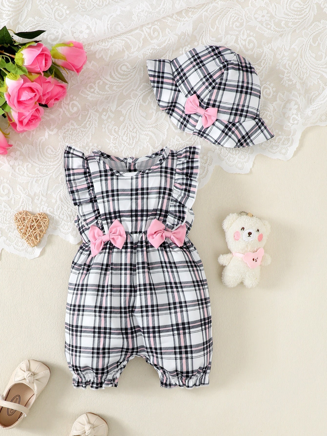 Baby Girl Bow Plaid Jumpsuit