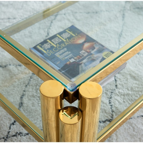 Stainless Steel Coffee Table with Double-Layer Clear Tempered Glass