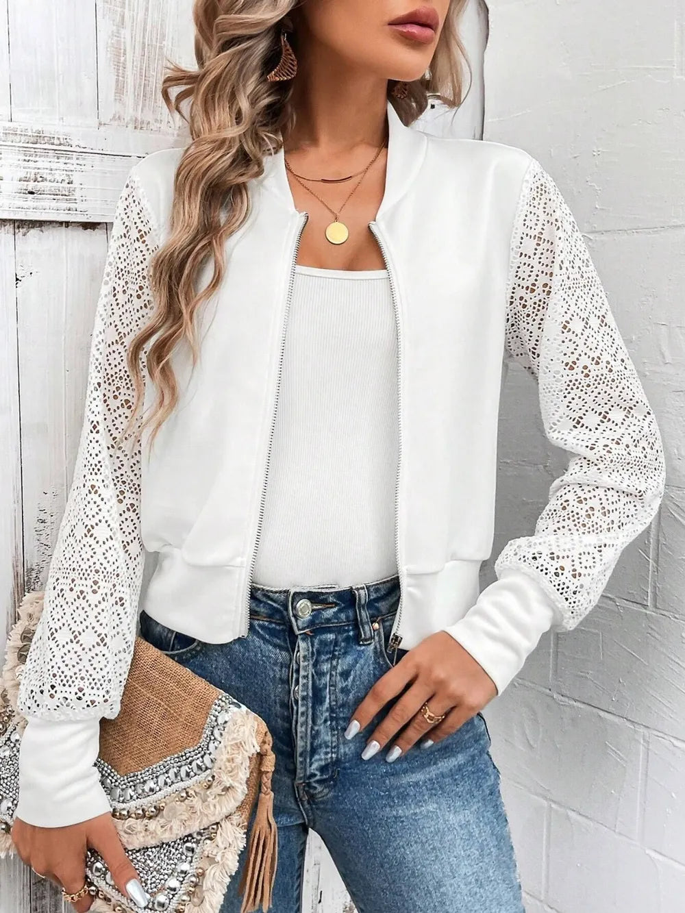 Baseball Collar Lace Patchwork Jacket