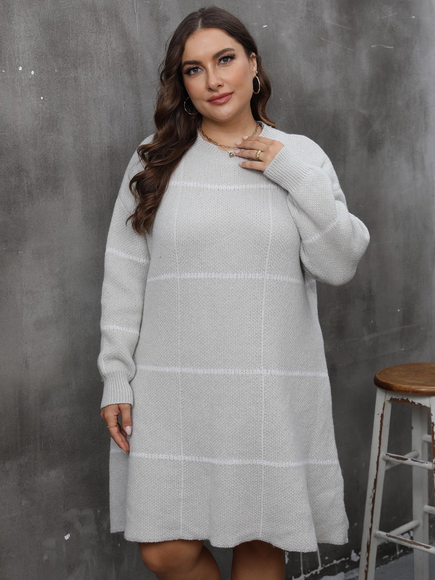 Round Neck Long Sleeve Sweater Dress - Plus Size