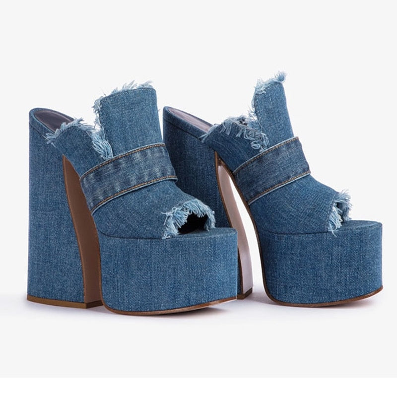 Denim Fish Mouth Thick Platform Heels
