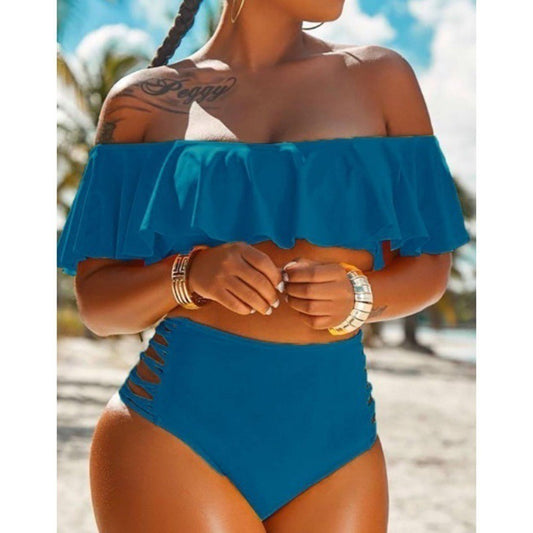 Off Shoulder Ruffle Edge Two-Piece Bikini - Plus Size