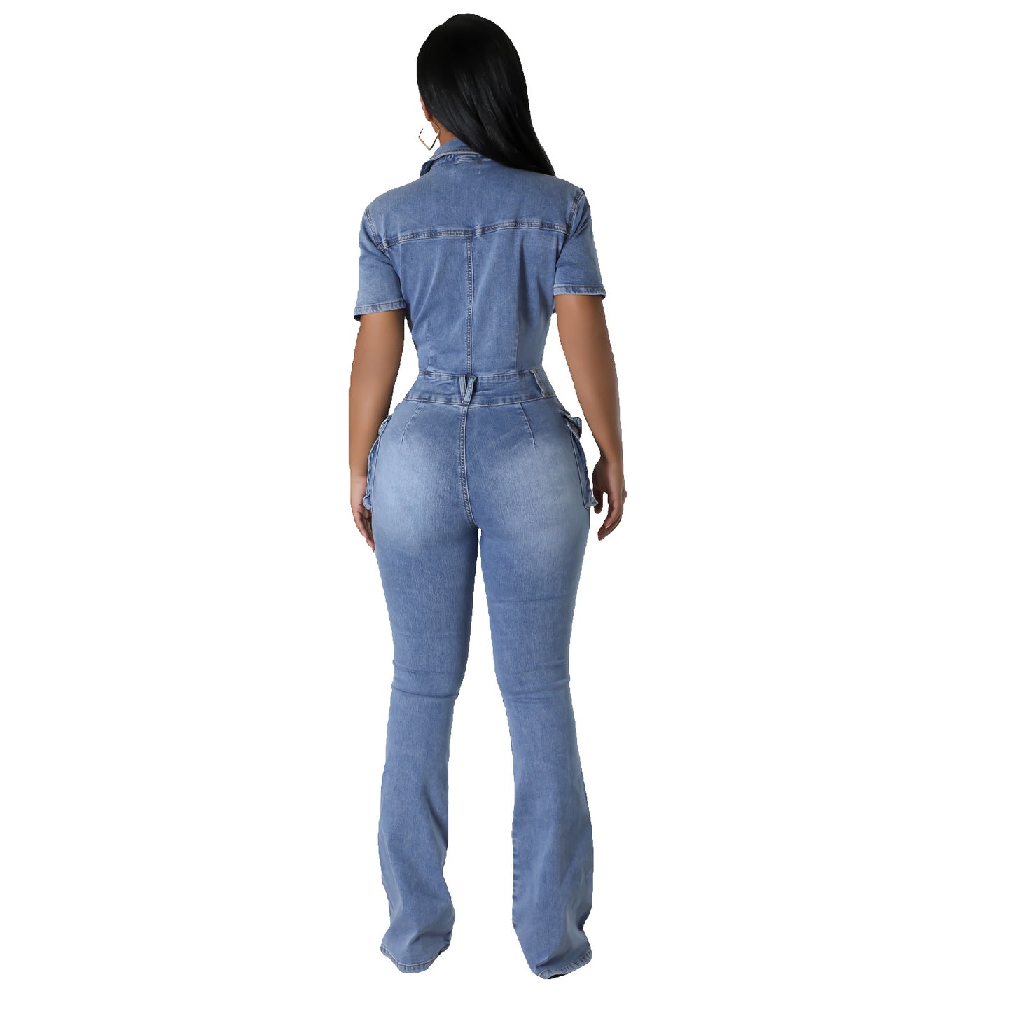 Tight Waist Slim Fit Elastic Washed Denim Jumpsuit