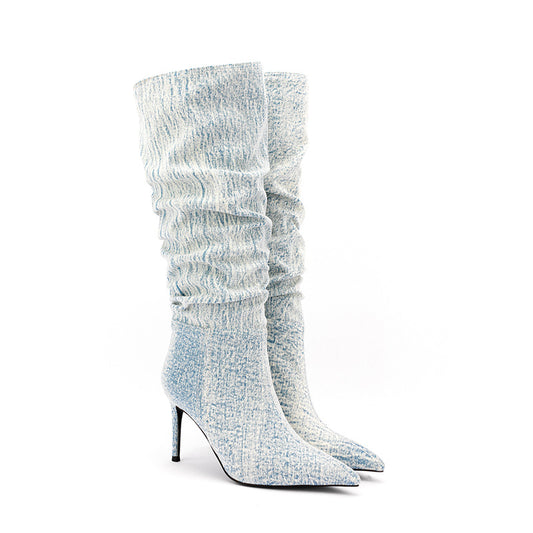 Denim Mid Calf Stiletto Boots