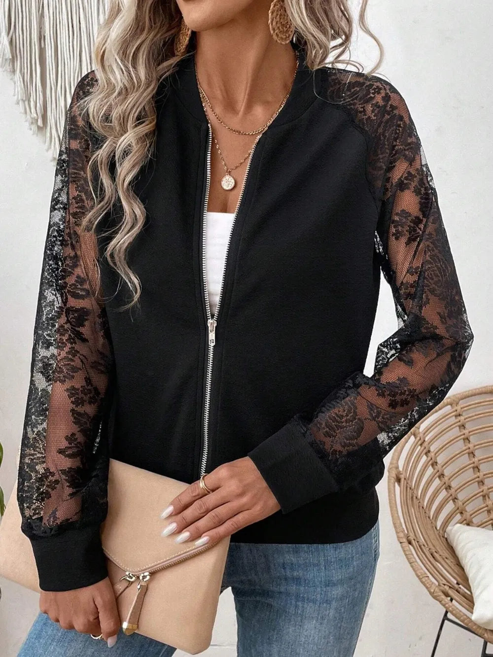 Lace Sleeve Baseball Collar Zip Up Jacket