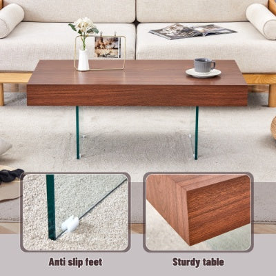 Walnut Colored MDF Coffee Table - 39.3x21.6 With Tempered Glass Legs