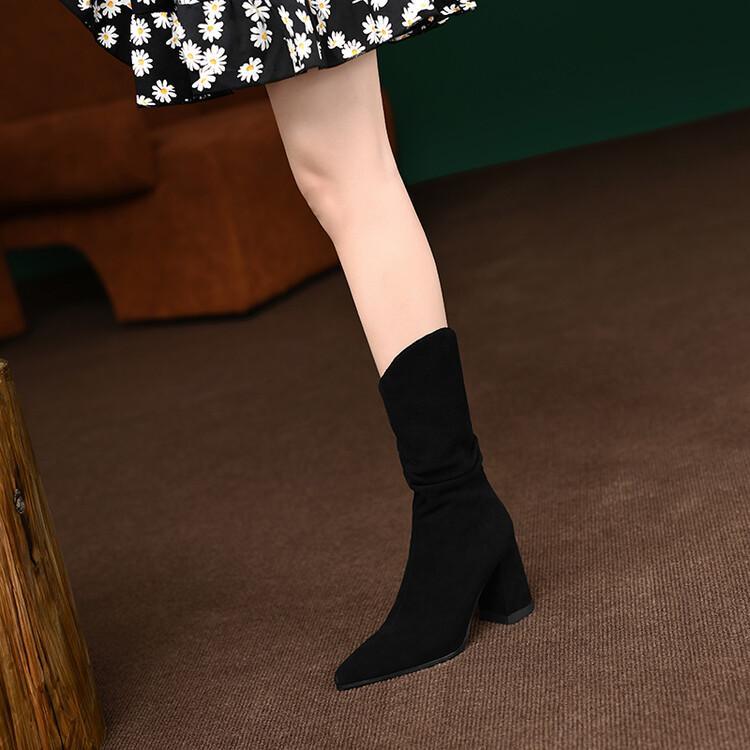 Thick Heel Pointed Toe Nubuck Leather Ankle Boots