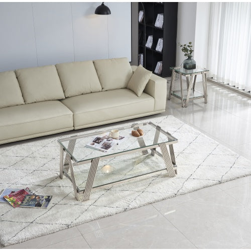 Modern Stainless Steel Coffee Table and End Table Set with Double-Layer Clear Tempered Glass