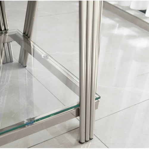 Stainless Steel End Table - Double-Layer Clear Tempered Glass - Silver