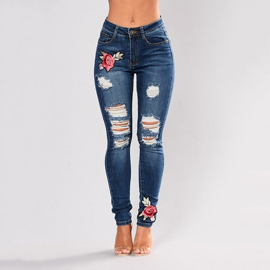 Flower Embroidered Ripped Skinny Jeans